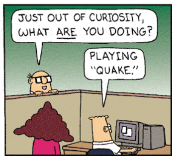 comic panel where dilbert says he is playing 'quake'